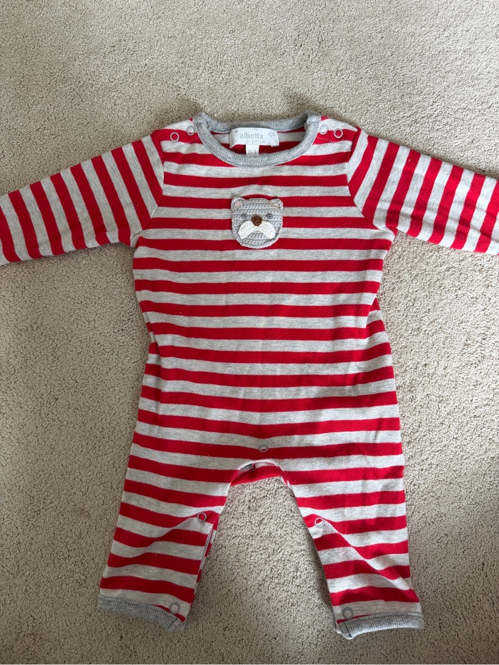 Albetta Red & Light Gray Striped Baby One-Piece with Bear Applique